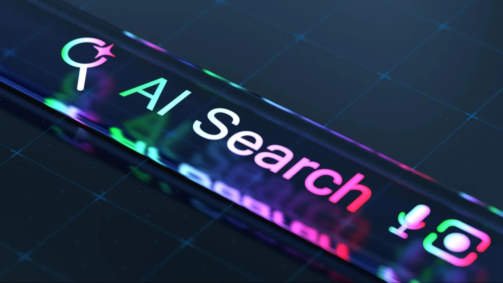 A glowing AI search bar on a dark grid